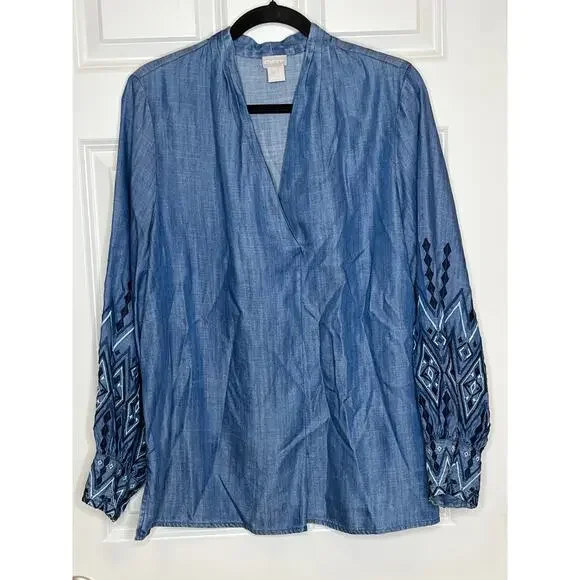 Chicos Size 2 US 12‎ / 14 Blue Chambray Embroidered Sleeve Tunic V Neck - Picture 2 of 9